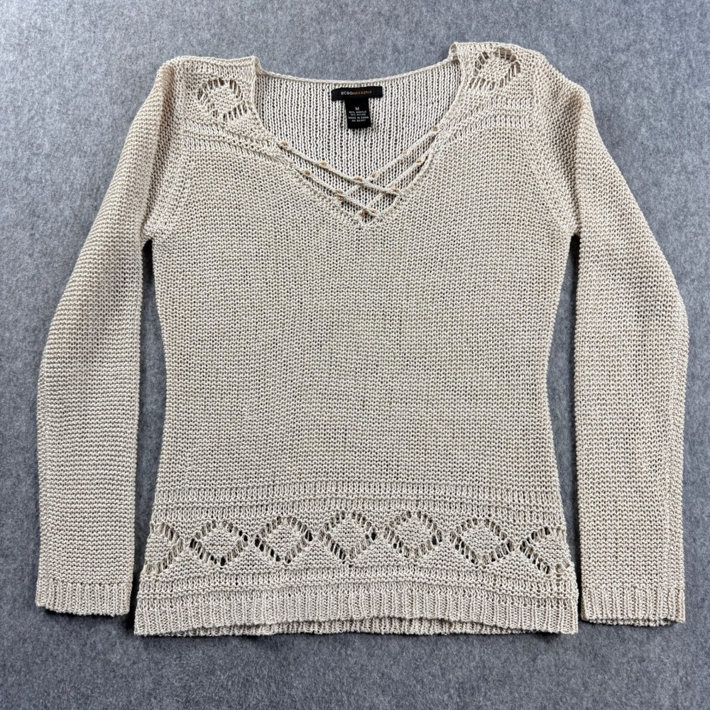 BCBGMAXAZRIA Womens Knit Sweater Medium Beige V-Neck Lattice Beaded Pointelle
